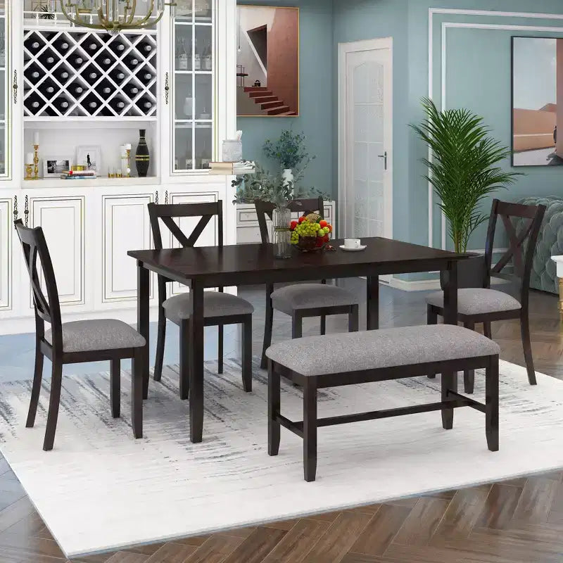 Farmhouse 6 Pieces Dining Set with Bench for 6, Wooden Rectangle Table and 4 Upholstered Chairs