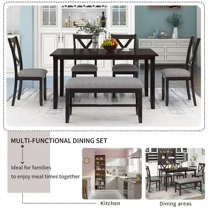 Farmhouse 6 Pieces Dining Set with Bench for 6, Wooden Rectangle Table and 4 Upholstered Chairs