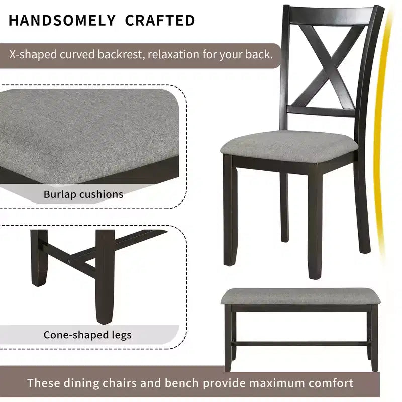 Farmhouse 6 Pieces Dining Set with Bench for 6, Wooden Rectangle Table and 4 Upholstered Chairs