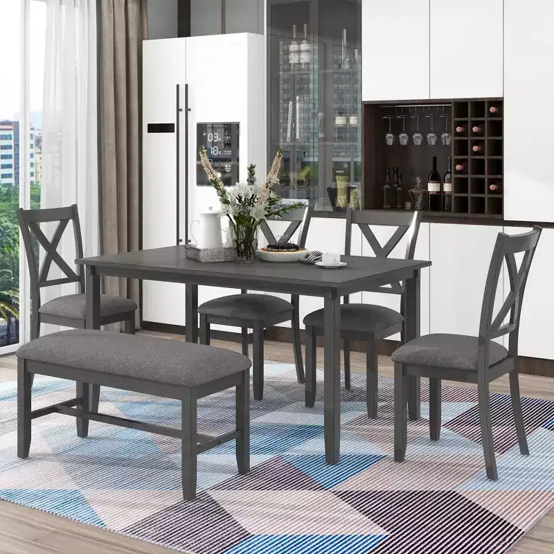 Ensemble de salle à manger 6 pièces de style ferme avec banc pour 6 personnes, table rectangulaire en bois et 4 chaises rembourrées