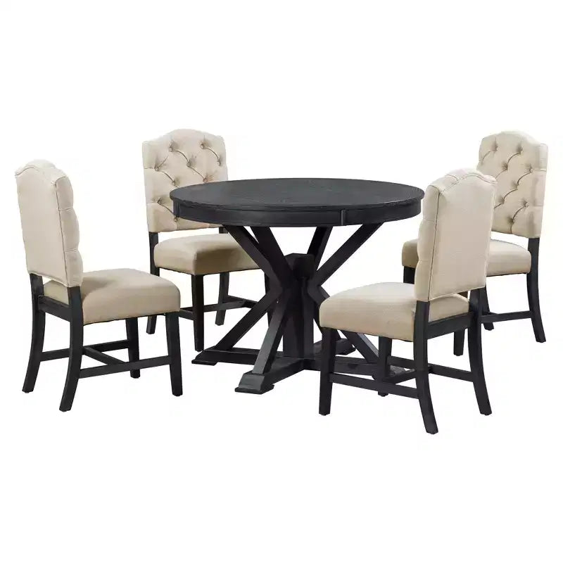 Extendable Dining Table Set for 4, Wood Round Table with 4 Upholstered Chairs for Kitchen