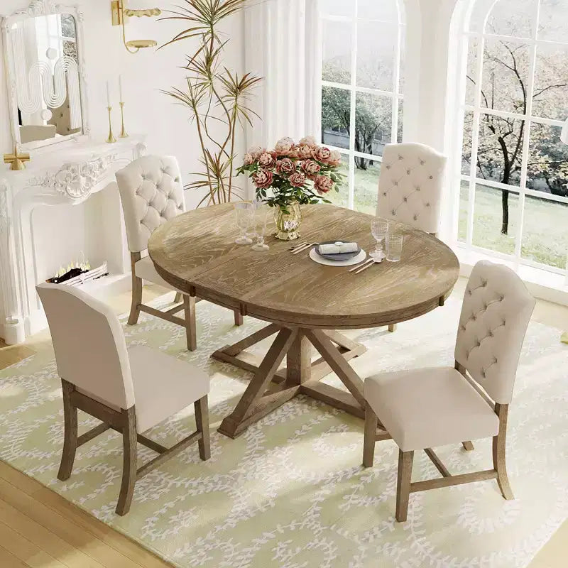 Extendable Dining Table Set for 4, Wood Round Table with 4 Upholstered Chairs for Kitchen