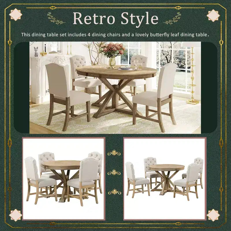 Extendable Dining Table Set for 4, Wood Round Table with 4 Upholstered Chairs for Kitchen