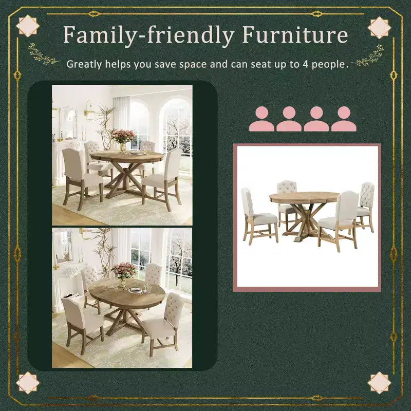 Extendable Dining Table Set for 4, Wood Round Table with 4 Upholstered Chairs for Kitchen