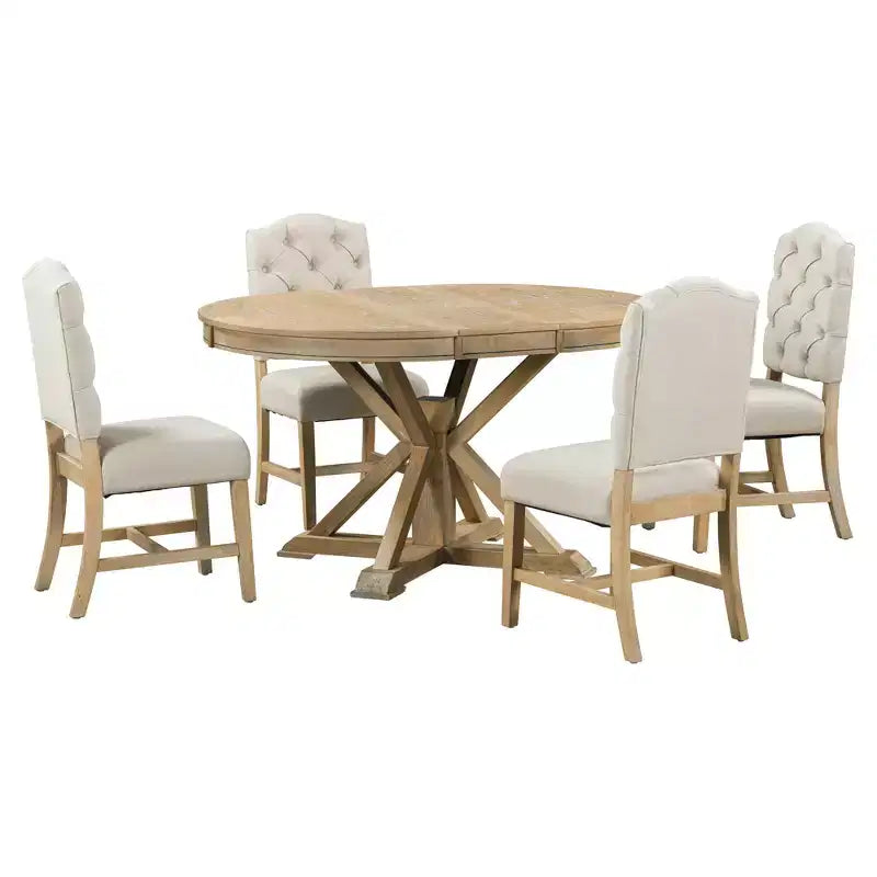 Extendable Dining Table Set for 4, Wood Round Table with 4 Upholstered Chairs for Kitchen