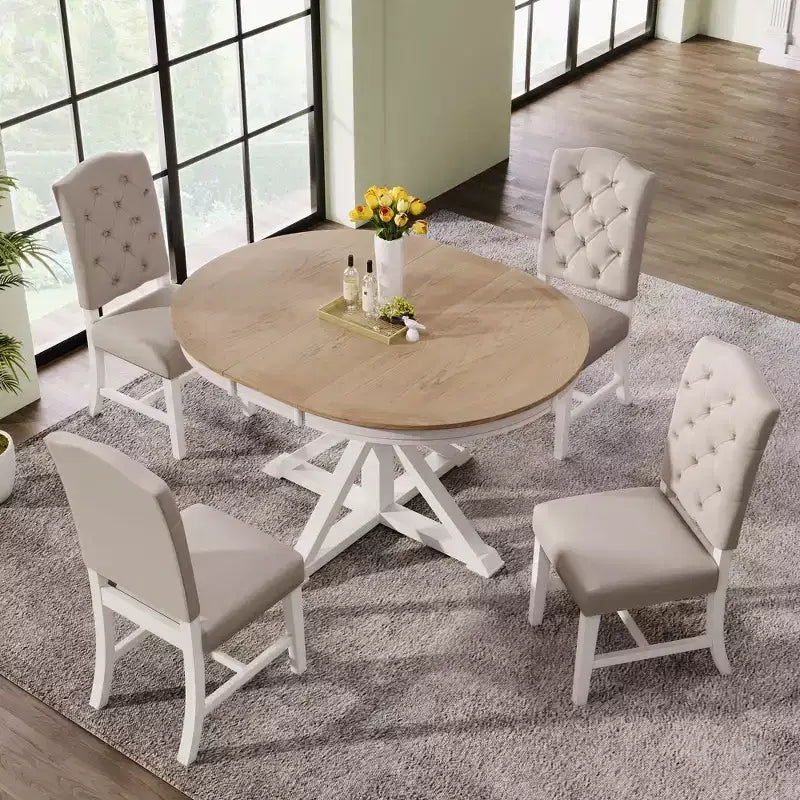 Extendable Dining Table Set for 4, Wood Round Table with 4 Upholstered Chairs for Kitchen