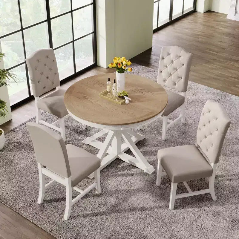 Extendable Dining Table Set for 4, Wood Round Table with 4 Upholstered Chairs for Kitchen