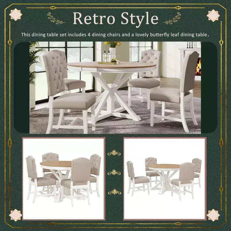 Extendable Dining Table Set for 4, Wood Round Table with 4 Upholstered Chairs for Kitchen