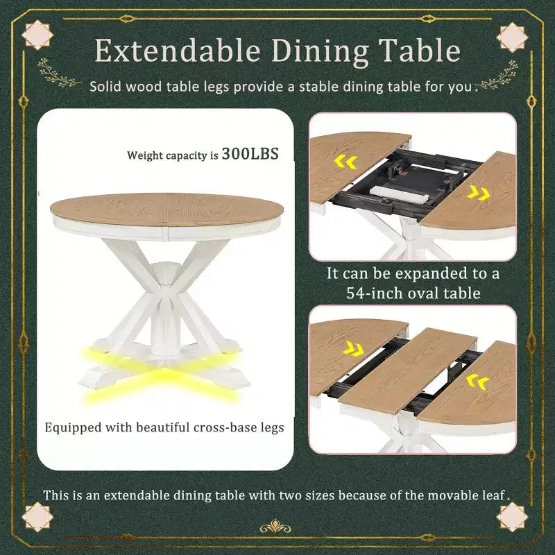 Extendable Dining Table Set for 4, Wood Round Table with 4 Upholstered Chairs for Kitchen