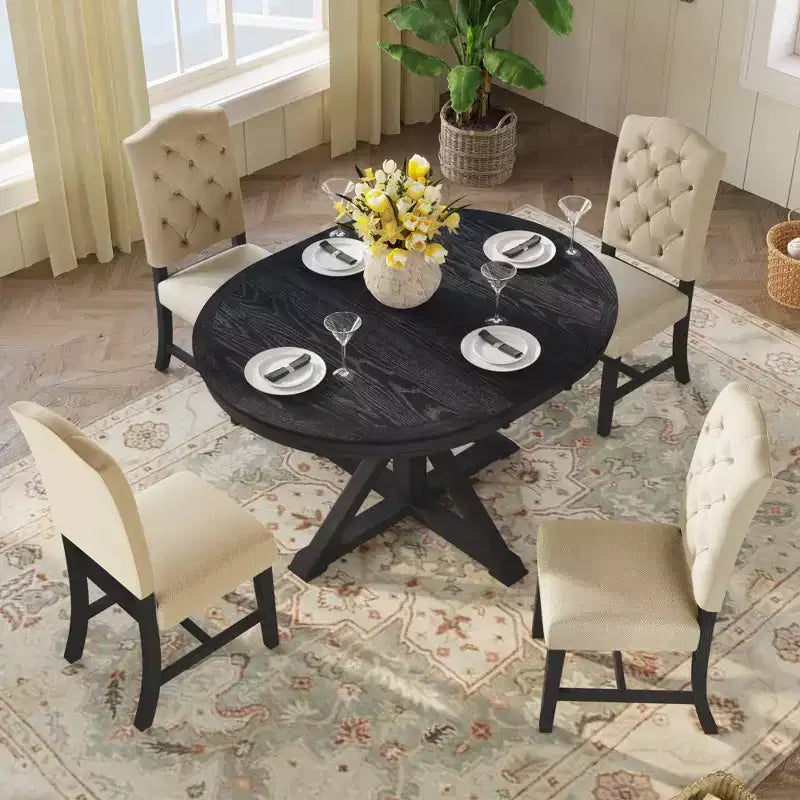 Extendable Dining Table Set for 4, Wood Round Table with 4 Upholstered Chairs for Kitchen