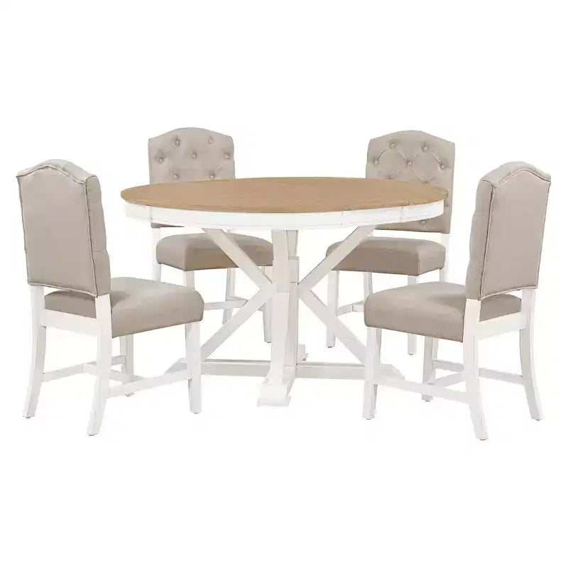 Extendable Dining Table Set for 4, Wood Round Table with 4 Upholstered Chairs for Kitchen