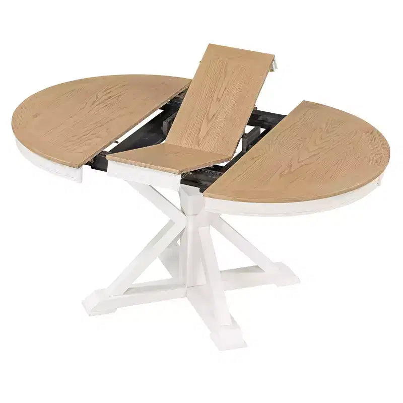 Extendable Dining Table Set for 4, Wood Round Table with 4 Upholstered Chairs for Kitchen