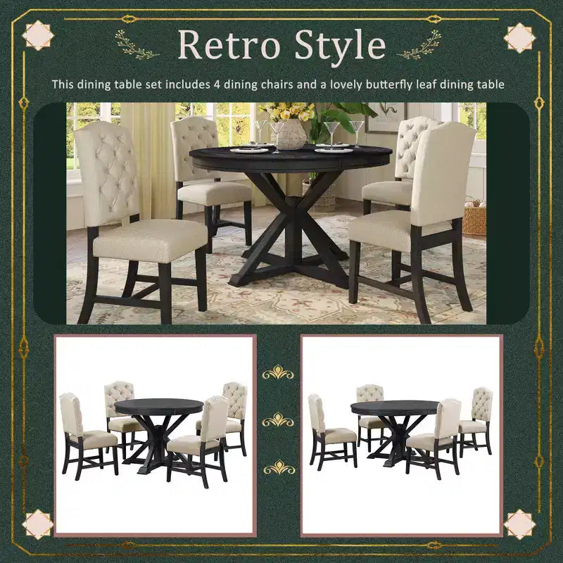Extendable Dining Table Set for 4, Wood Round Table with 4 Upholstered Chairs for Kitchen