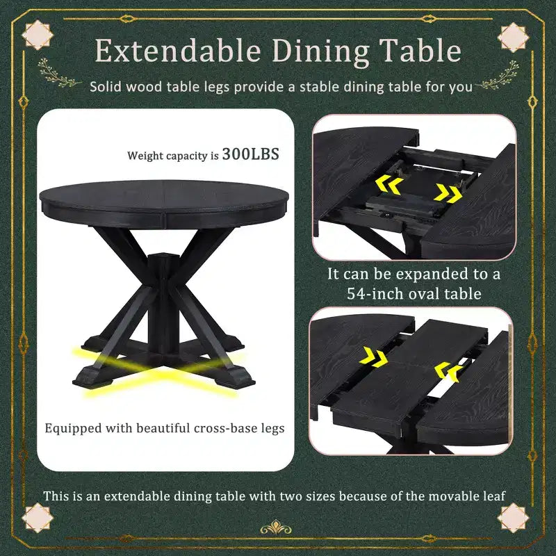 Extendable Dining Table Set for 4, Wood Round Table with 4 Upholstered Chairs for Kitchen