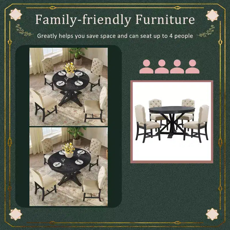 Extendable Dining Table Set for 4, Wood Round Table with 4 Upholstered Chairs for Kitchen