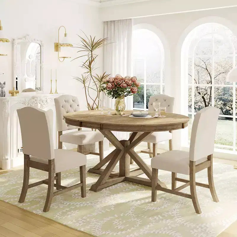 Ensemble de salle à manger extensible pour 4 personnes, table ronde en bois avec 4 chaises rembourrées pour la cuisine