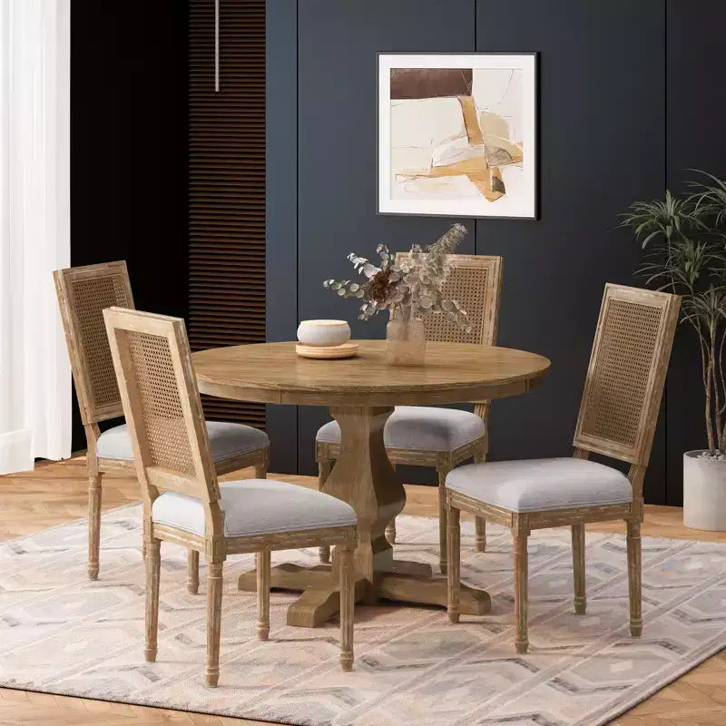 Christopher Knight Home Remuda Ensemble de salle à manger circulaire 5 pièces en tissu, bois et rotin, style campagnard français