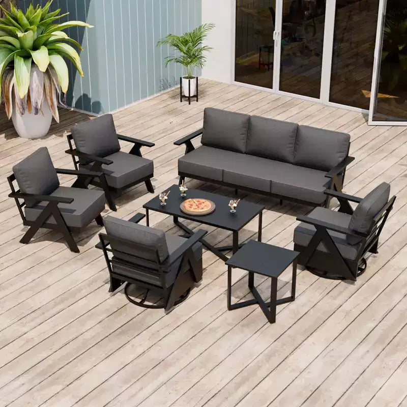 EAGLE PEAK Urban Slate 7 Piece Modern Outdoor Patio Furniture Set, Couch, Swivel Rocking Chairs, Patio Chairs, Coffee Table, and Side Table
