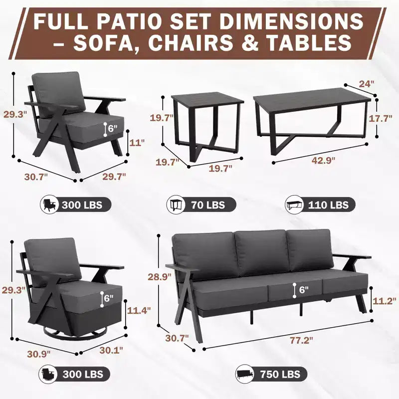 EAGLE PEAK Urban Slate 7 Piece Modern Outdoor Patio Furniture Set, Couch, Swivel Rocking Chairs, Patio Chairs, Coffee Table, and Side Table