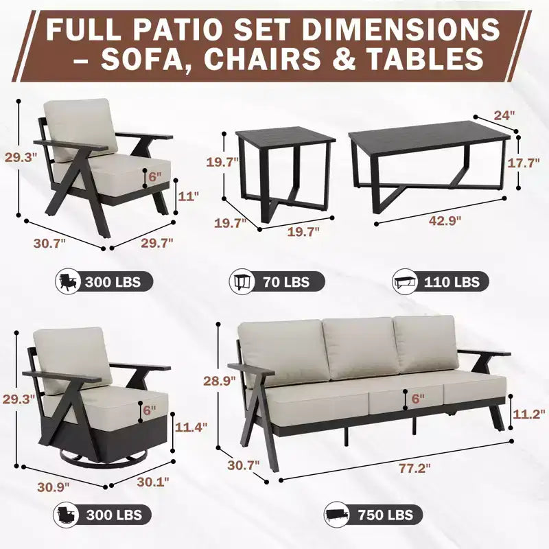 EAGLE PEAK Urban Slate 7 Piece Modern Outdoor Patio Furniture Set, Couch, Swivel Rocking Chairs, Patio Chairs, Coffee Table, and Side Table
