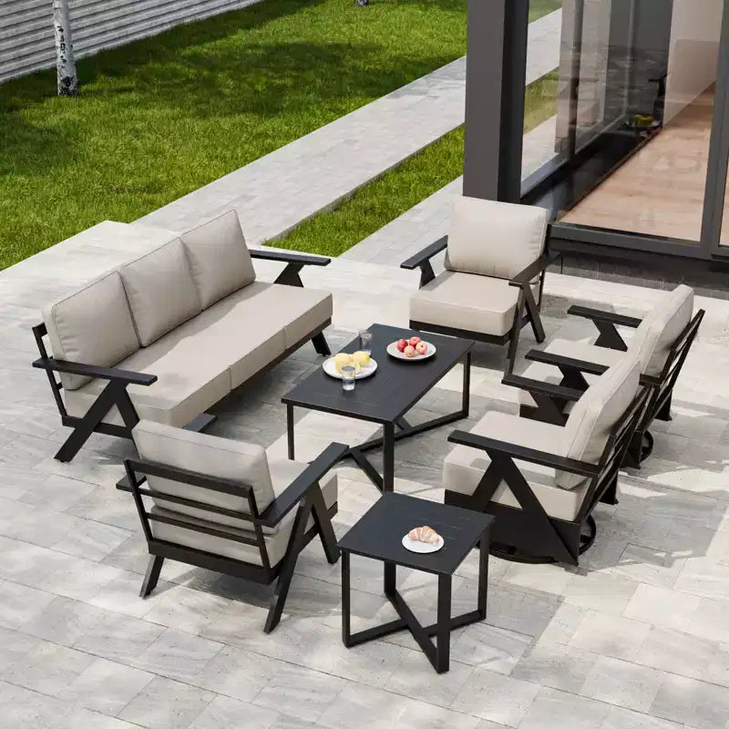 EAGLE PEAK Urban Slate 7 Piece Modern Outdoor Patio Furniture Set, Couch, Swivel Rocking Chairs, Patio Chairs, Coffee Table, and Side Table