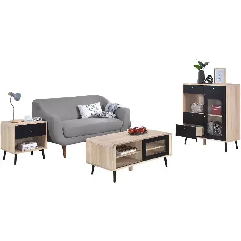 Kings Brand Furniture Nathan 3-Piece Living Room Set with Sideboard Cabinet, Coffee Table & End Table, Modern Storage, Oak/Black Finish