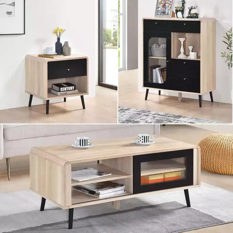 Kings Brand Furniture Nathan 3-Piece Living Room Set with Sideboard Cabinet, Coffee Table & End Table, Modern Storage, Oak/Black Finish