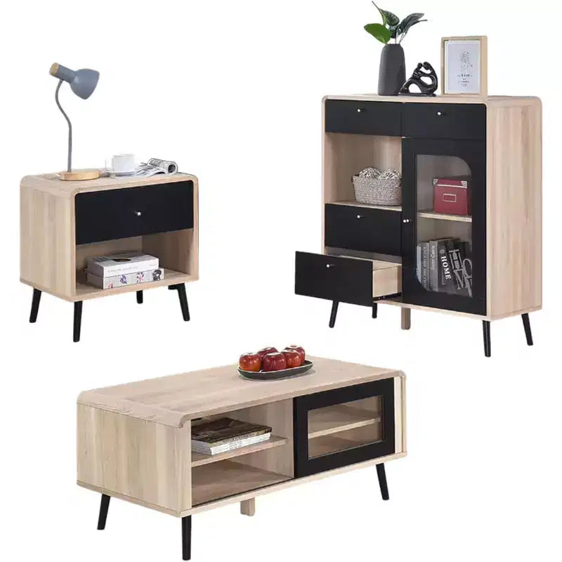 Kings Brand Furniture Nathan 3-Piece Living Room Set with Sideboard Cabinet, Coffee Table & End Table, Modern Storage, Oak/Black Finish