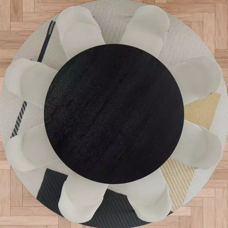 PexFix 60 Modern Round Dining Table Set with 8 Upholstered Chairs Black Textured Wood Top Pleated Pedestal Base Beige Seats for Kitchen Dining Room
