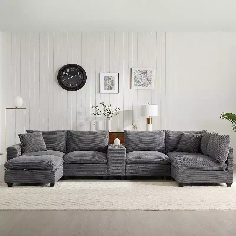 Polibi Multifunctional Oversized 6-Seat U-Shaped Corduroy Modular Sectional Sofa with Storage Ottoman
