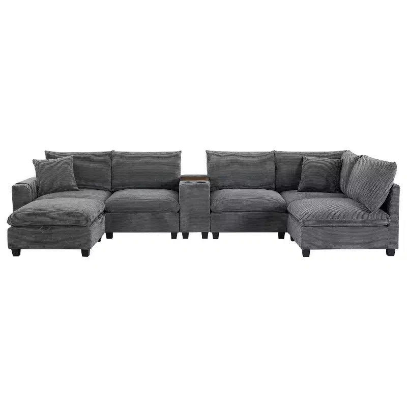 Polibi Multifunctional Oversized 6-Seat U-Shaped Corduroy Modular Sectional Sofa with Storage Ottoman
