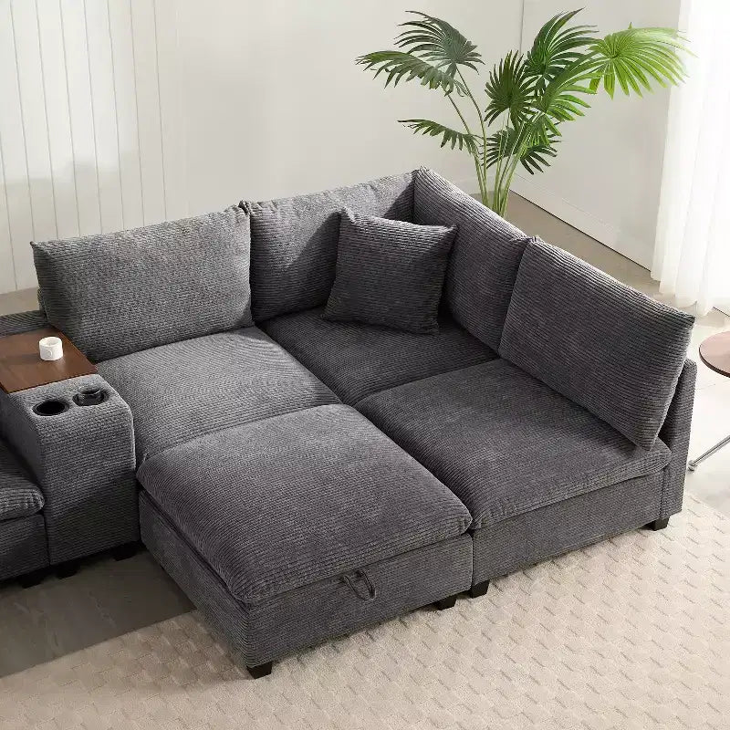 Polibi Multifunctional Oversized 6-Seat U-Shaped Corduroy Modular Sectional Sofa with Storage Ottoman
