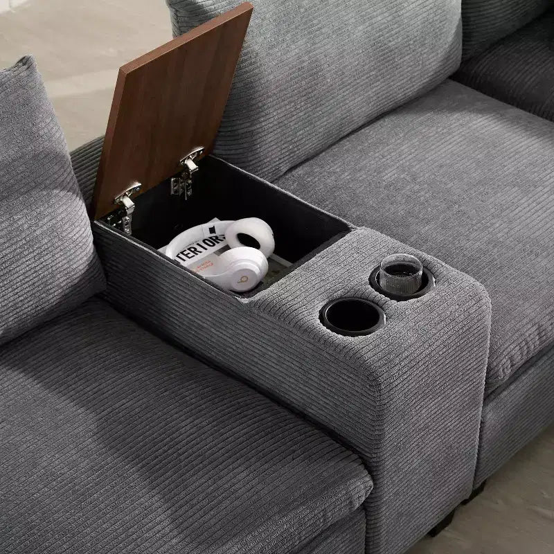 Polibi Multifunctional Oversized 6-Seat U-Shaped Corduroy Modular Sectional Sofa with Storage Ottoman