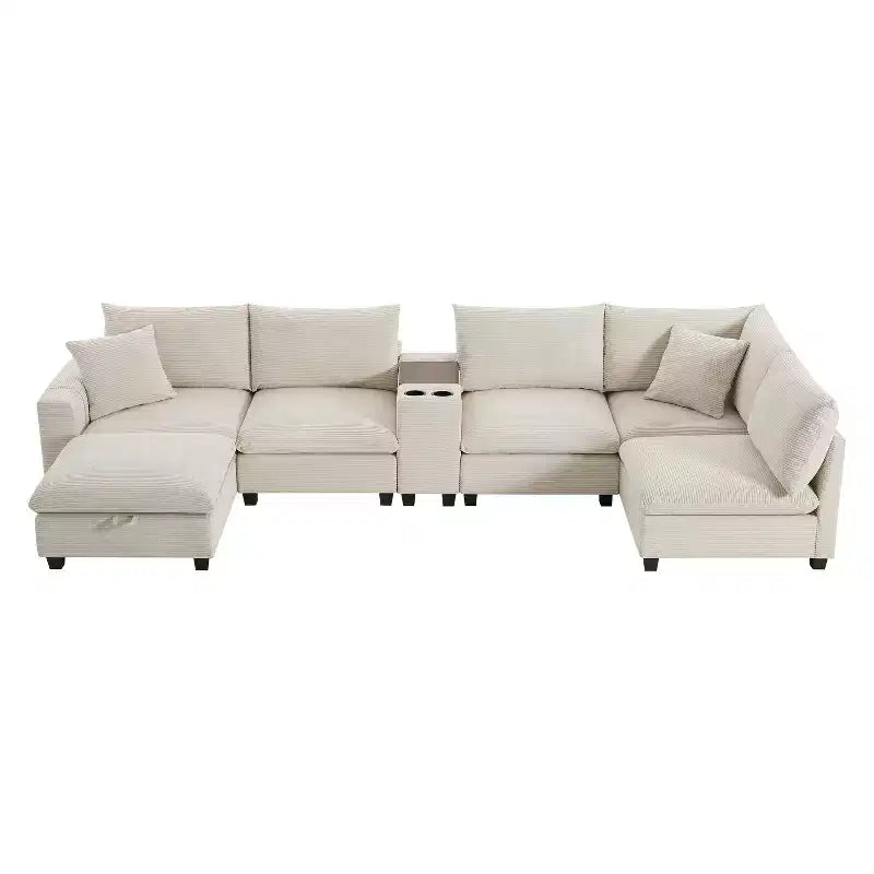 Polibi Multifunctional Oversized 6-Seat U-Shaped Corduroy Modular Sectional Sofa with Storage Ottoman