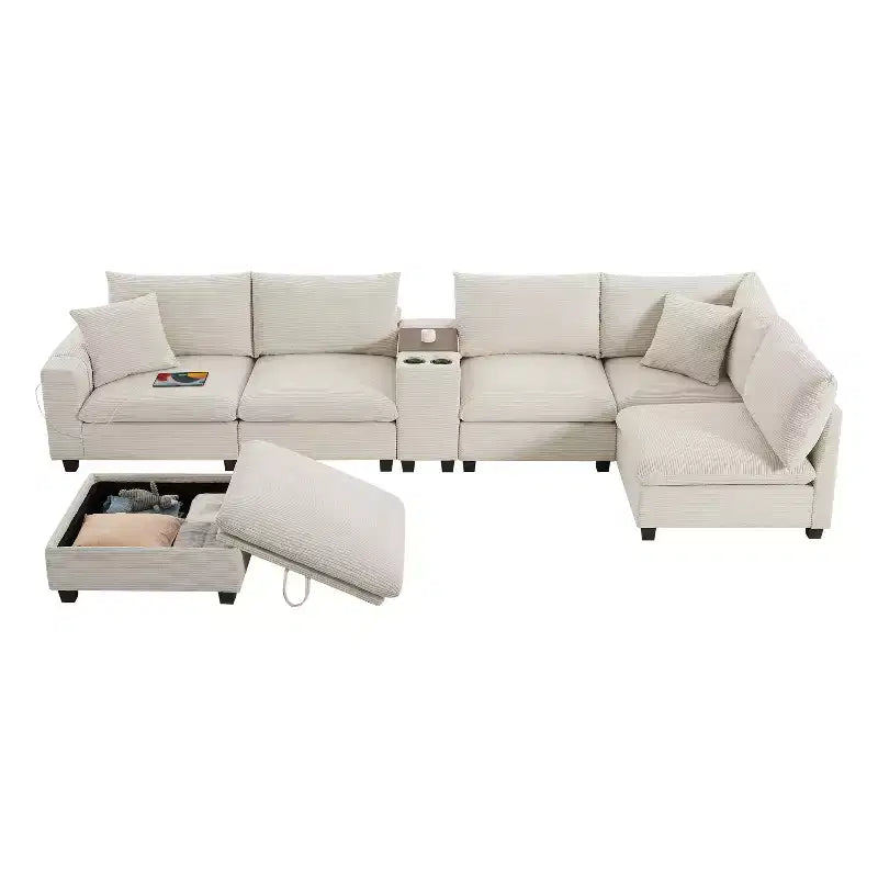 Polibi Multifunctional Oversized 6-Seat U-Shaped Corduroy Modular Sectional Sofa with Storage Ottoman