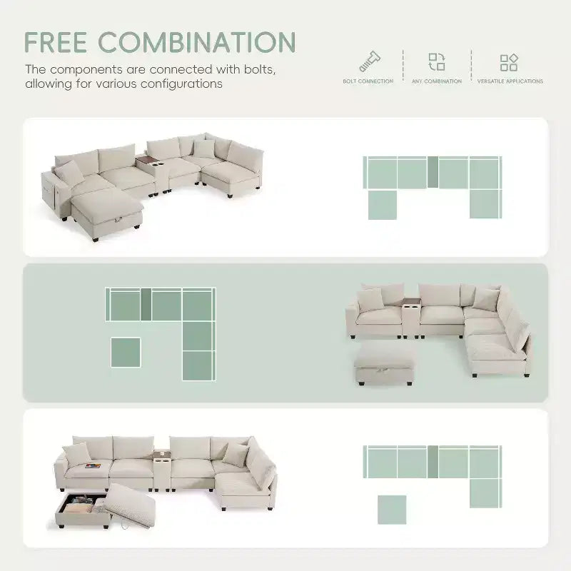 Polibi Multifunctional Oversized 6-Seat U-Shaped Corduroy Modular Sectional Sofa with Storage Ottoman