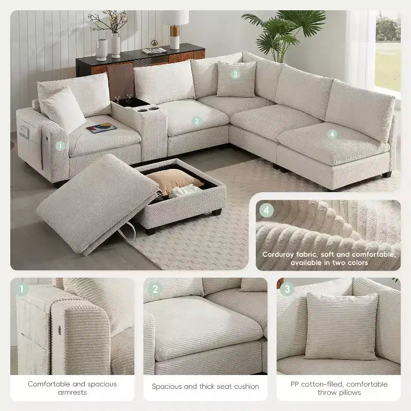 Polibi Multifunctional Oversized 6-Seat U-Shaped Corduroy Modular Sectional Sofa with Storage Ottoman