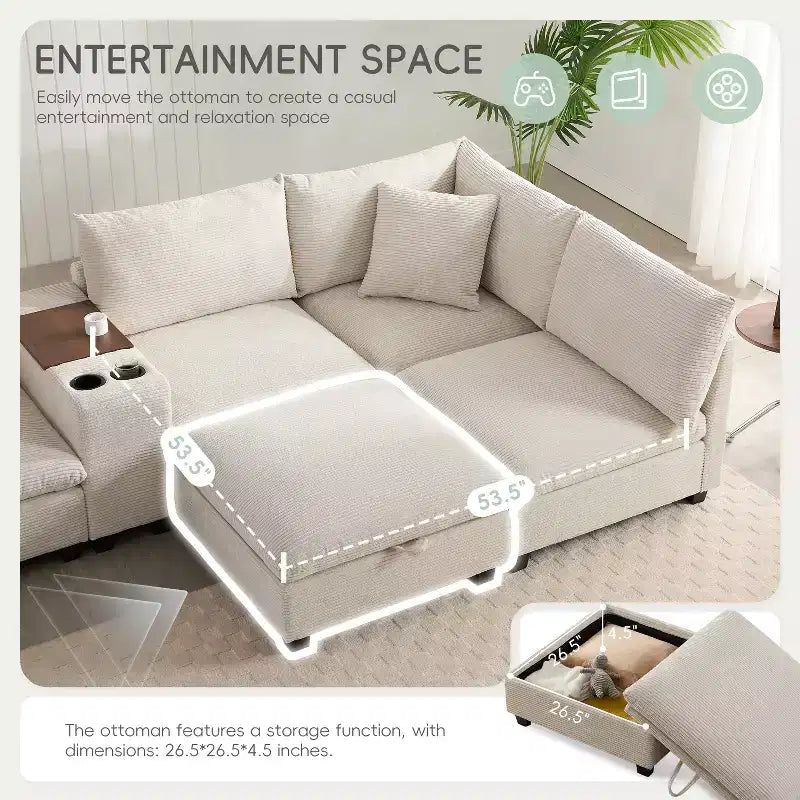 Polibi Multifunctional Oversized 6-Seat U-Shaped Corduroy Modular Sectional Sofa with Storage Ottoman