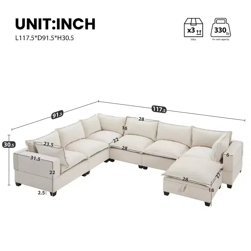 Polibi 7-Seat Oversized U-Shaped Modular Sectional Sofa with Storage Ottoman