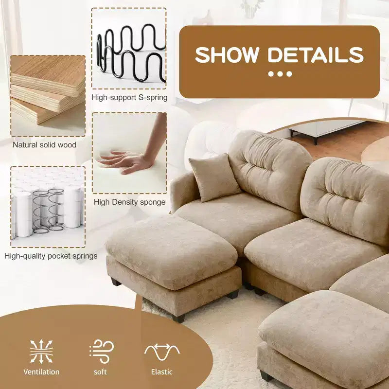 74 Beige Cloud Sectional L-Shaped Couch With Ottoman Soft Chenille Fabric High-Density Foam for Living Rooms