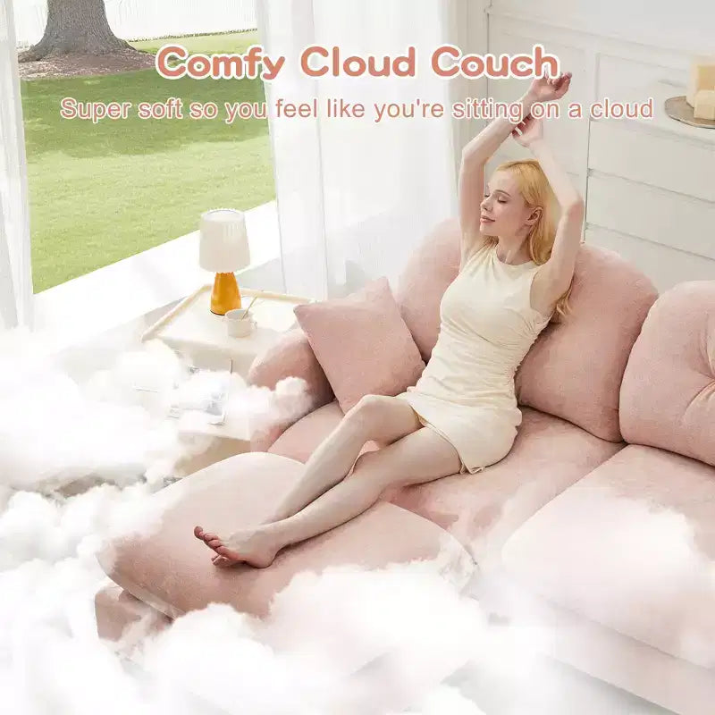 74 Beige Cloud Sectional L-Shaped Couch With Ottoman Soft Chenille Fabric High-Density Foam for Living Rooms