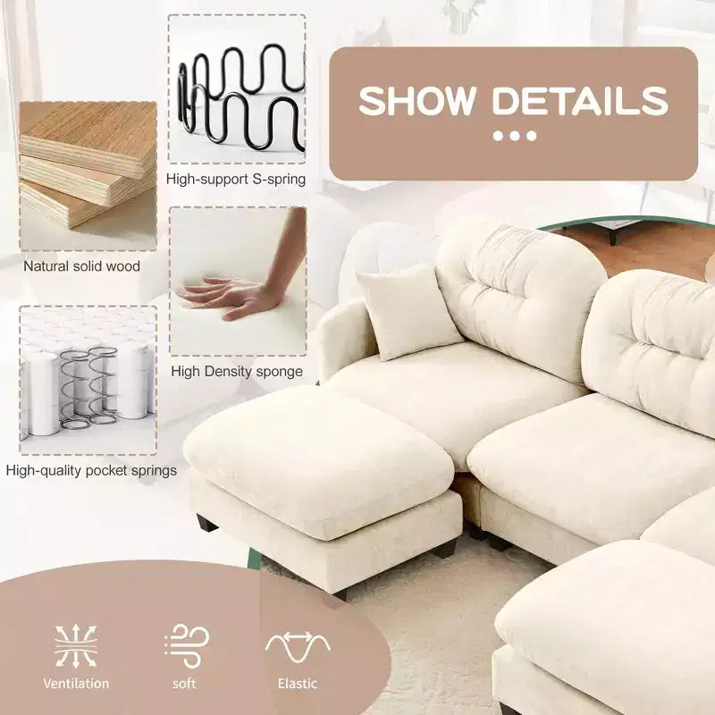 3-Seater Beige Modular Chenille Fabric Sectional L Shaped Couch With Ottoman for Living Rooms