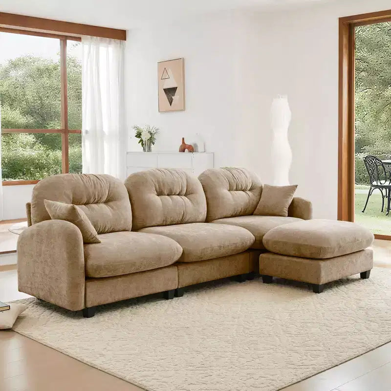 3-Seater Beige Modular Chenille Fabric Sectional L Shaped Couch With Ottoman for Living Rooms