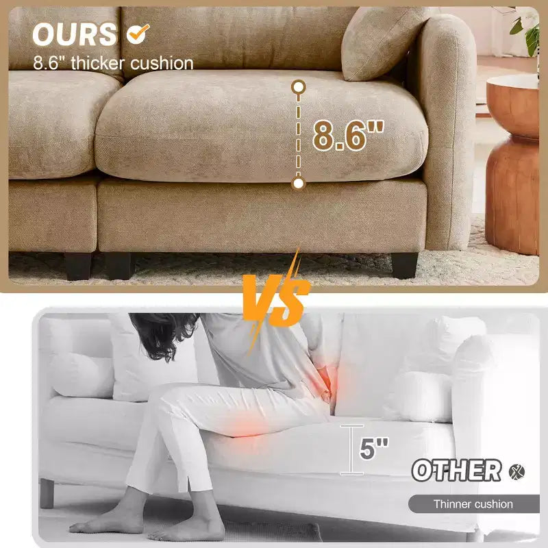 Beige Modular Sectional L Shaped Chenille Fabric Sofa with Ottoman High Quality Wooden Base for Living Rooms