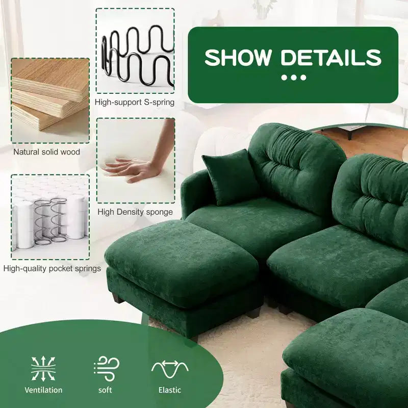 Beige Modular Sectional L Shaped Chenille Fabric Sofa with Ottoman High Quality Wooden Base for Living Rooms