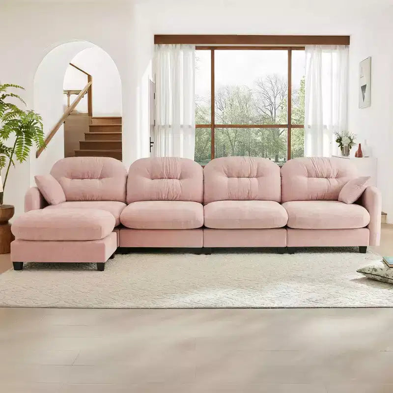 Beige Modular Sectional L Shaped Chenille Fabric Sofa with Ottoman High Quality Wooden Base for Living Rooms