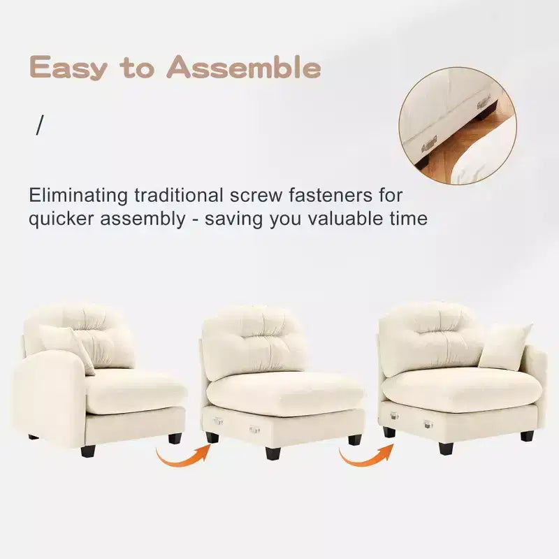 Beige Modular Sectional L Shaped Chenille Fabric Sofa with Ottoman High Quality Wooden Base for Living Rooms