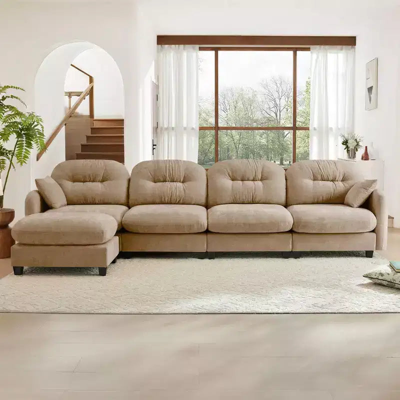Beige Modular Sectional L Shaped Chenille Fabric Sofa with Ottoman High Quality Wooden Base for Living Rooms