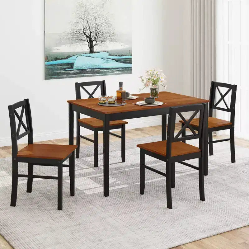 Costway 5 Piece Dining Table Set for 4 People with Rubber Wood Legs, Cross Backrest
