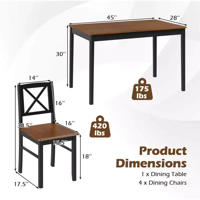 Costway 5 Piece Dining Table Set for 4 People with Rubber Wood Legs, Cross Backrest